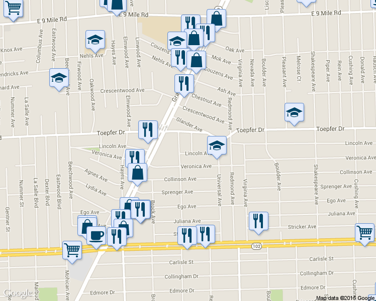 map of restaurants, bars, coffee shops, grocery stores, and more near 15535 Lincoln Avenue in Eastpointe
