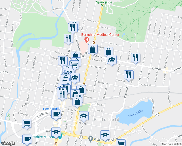map of restaurants, bars, coffee shops, grocery stores, and more near 15 Maud Street in Pittsfield