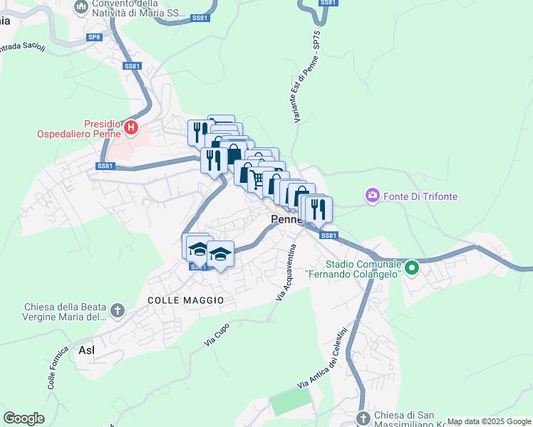 map of restaurants, bars, coffee shops, grocery stores, and more near Strada Statale 81 in Penne