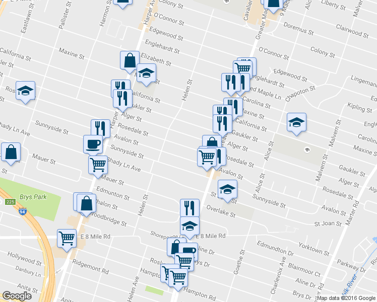 map of restaurants, bars, coffee shops, grocery stores, and more near 22016 Rosedale Street in Saint Clair Shores