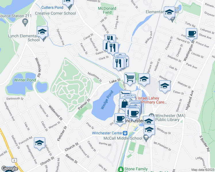 map of restaurants, bars, coffee shops, grocery stores, and more near 40 Lake Street in Winchester