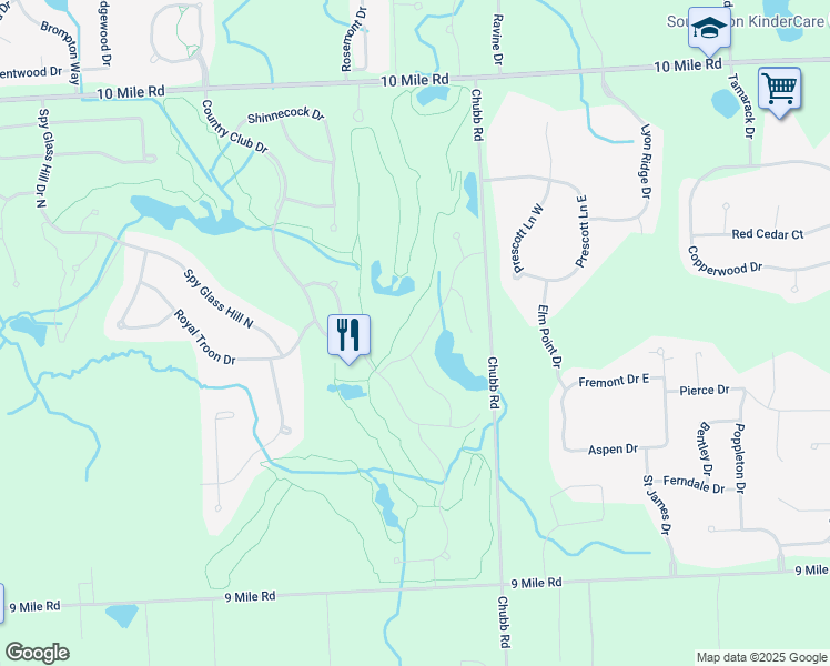 map of restaurants, bars, coffee shops, grocery stores, and more near 53284 Hidden River Drive in South Lyon