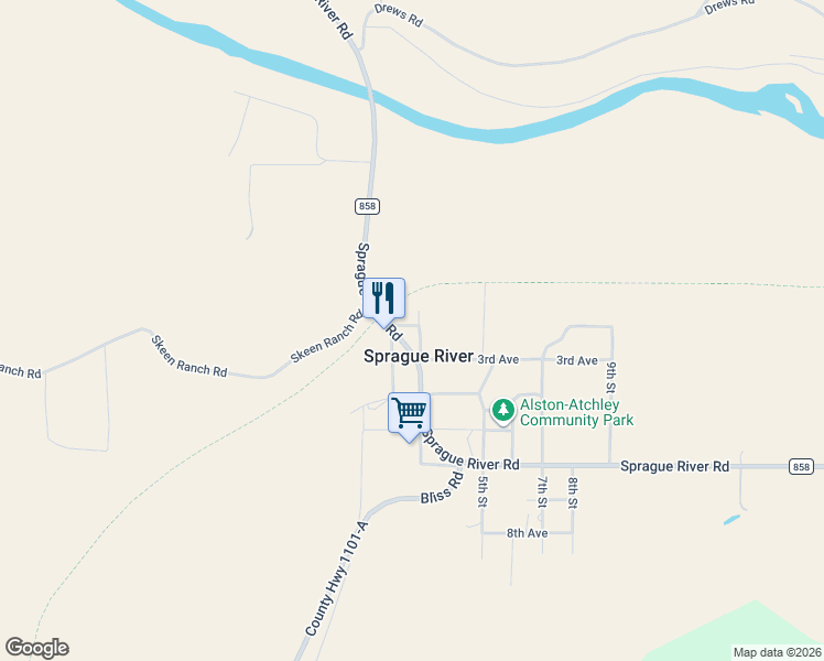 map of restaurants, bars, coffee shops, grocery stores, and more near in Sprague River