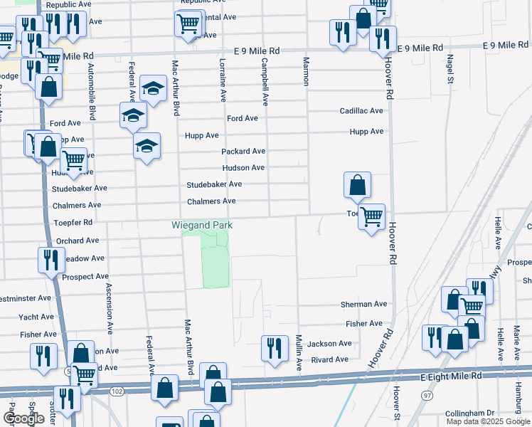 map of restaurants, bars, coffee shops, grocery stores, and more near 11115 Toepfer Road in Warren