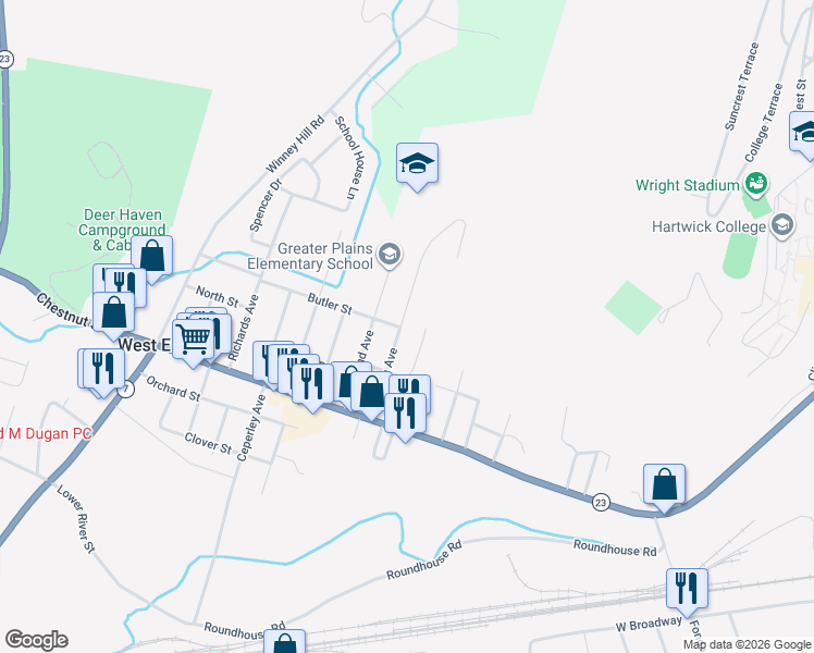 map of restaurants, bars, coffee shops, grocery stores, and more near 27 Morgan Avenue in Oneonta