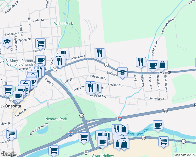 map of restaurants, bars, coffee shops, grocery stores, and more near 20 North Belmont Circle in Oneonta