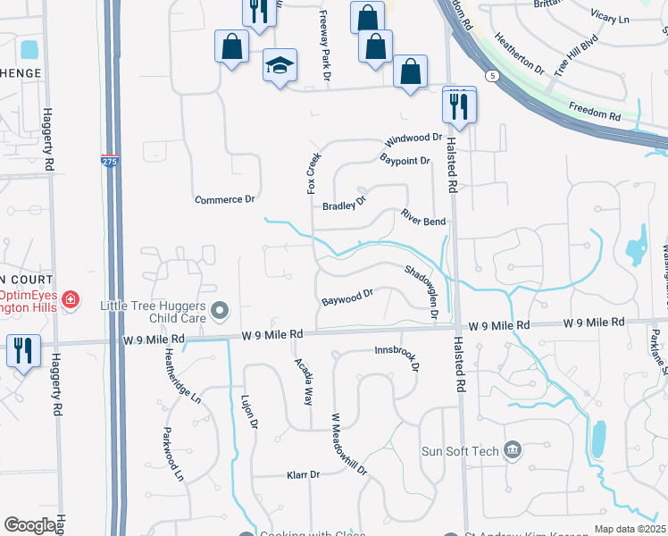 map of restaurants, bars, coffee shops, grocery stores, and more near 22788 Shadowglen Drive in Farmington Hills