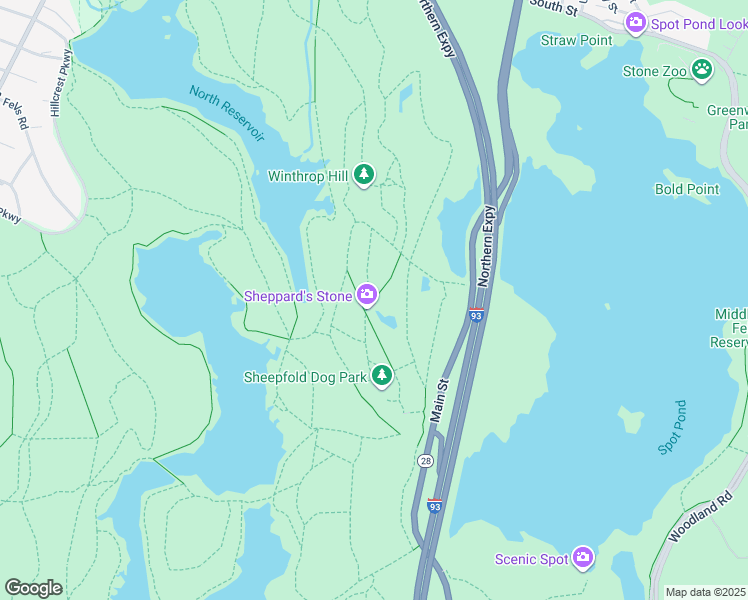 map of restaurants, bars, coffee shops, grocery stores, and more near Fells Path in Stoneham