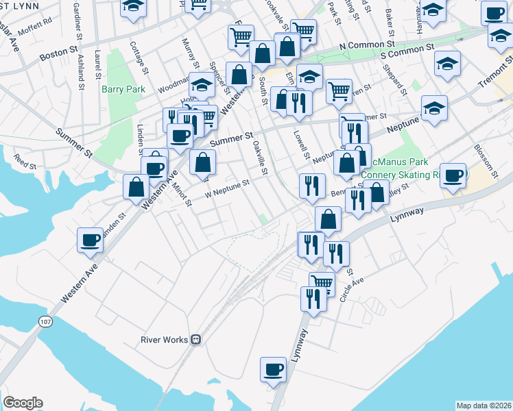 map of restaurants, bars, coffee shops, grocery stores, and more near 67 Elmwood Avenue in Lynn