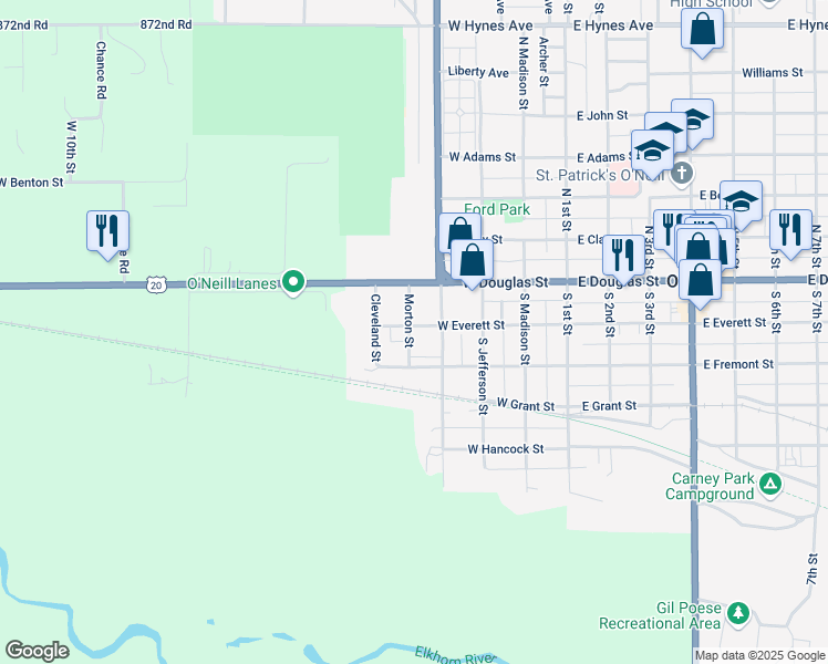 map of restaurants, bars, coffee shops, grocery stores, and more near 201-275 South Harrison Street in O'Neill