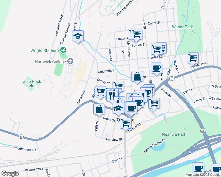 map of restaurants, bars, coffee shops, grocery stores, and more near 12 Franklin Street in Oneonta