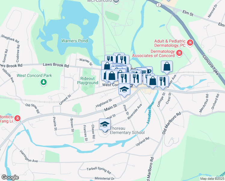 map of restaurants, bars, coffee shops, grocery stores, and more near 48 Junction Square Drive in Concord