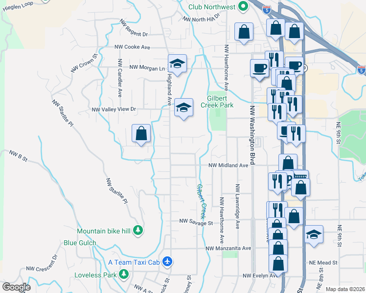 map of restaurants, bars, coffee shops, grocery stores, and more near 722 Northwest Amelia Drive in Grants Pass