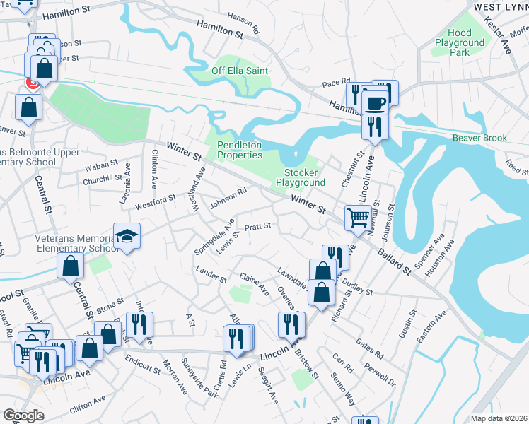 map of restaurants, bars, coffee shops, grocery stores, and more near 1 Springdale Terrace in Saugus