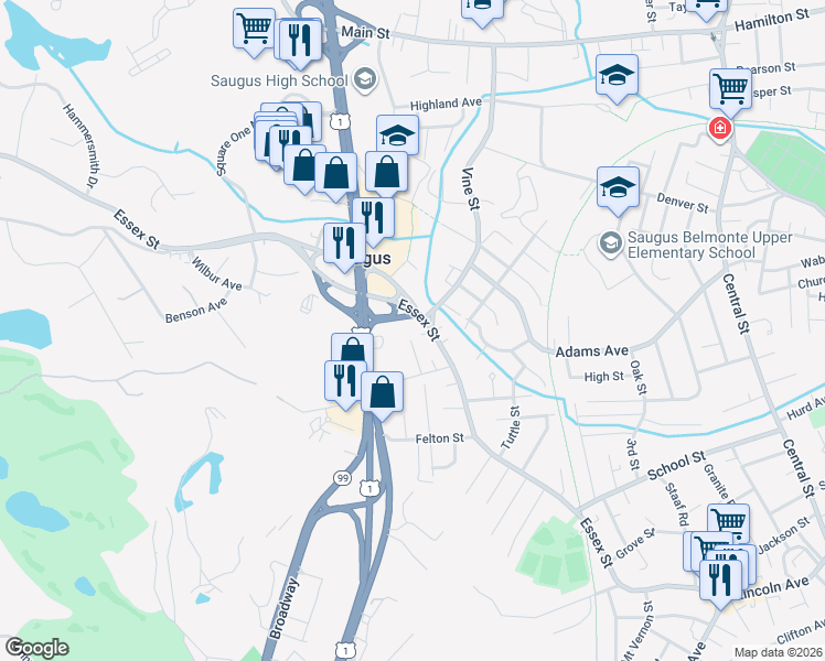 map of restaurants, bars, coffee shops, grocery stores, and more near 13 Cherry Street in Saugus