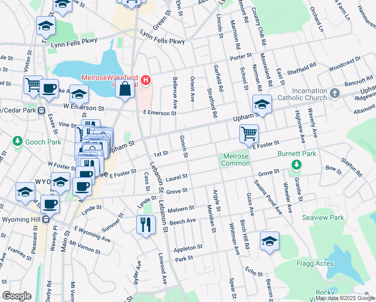 map of restaurants, bars, coffee shops, grocery stores, and more near 45 1st Street in Melrose