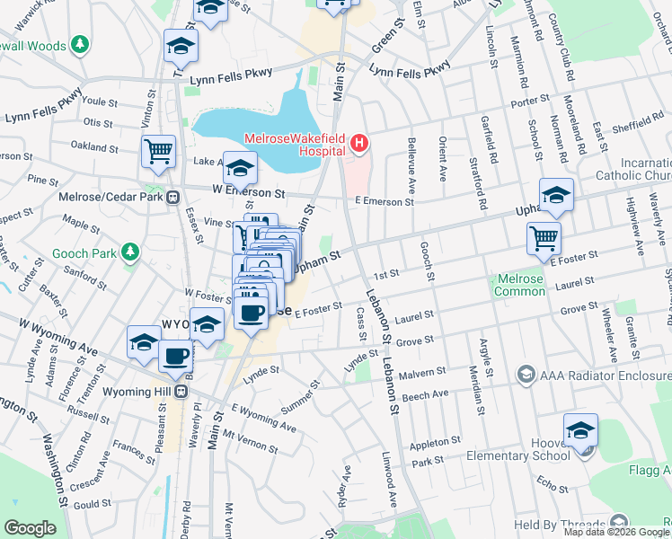 map of restaurants, bars, coffee shops, grocery stores, and more near 54 Winter Street Extension in Melrose
