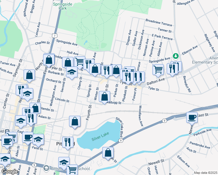 map of restaurants, bars, coffee shops, grocery stores, and more near 52 Brown Street in Pittsfield