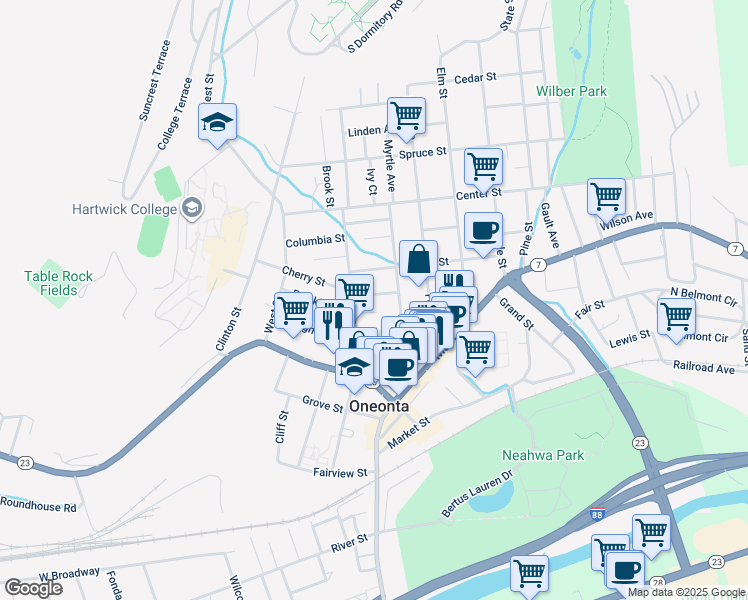 map of restaurants, bars, coffee shops, grocery stores, and more near 1 Hill Place in Oneonta