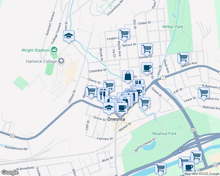 map of restaurants, bars, coffee shops, grocery stores, and more near 1 Hill Place in Oneonta