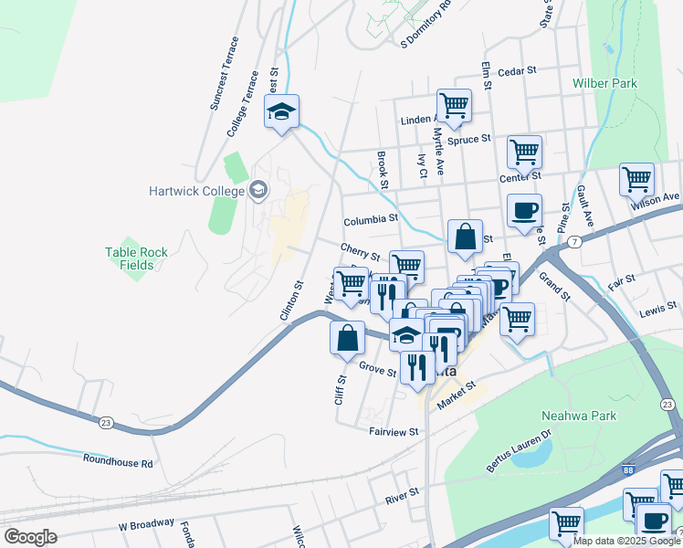 map of restaurants, bars, coffee shops, grocery stores, and more near 23 Franklin Street in Oneonta