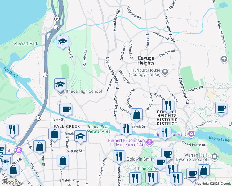 map of restaurants, bars, coffee shops, grocery stores, and more near 1024 Stewart Avenue in Ithaca