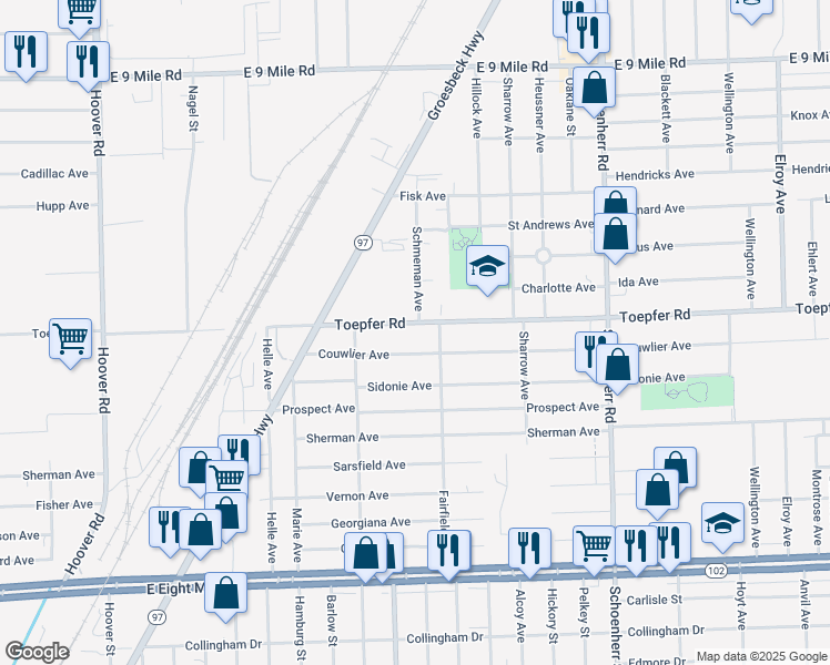map of restaurants, bars, coffee shops, grocery stores, and more near 12806 Toepfer Road in Warren