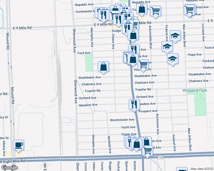 map of restaurants, bars, coffee shops, grocery stores, and more near 7251 Toepfer Road in Warren