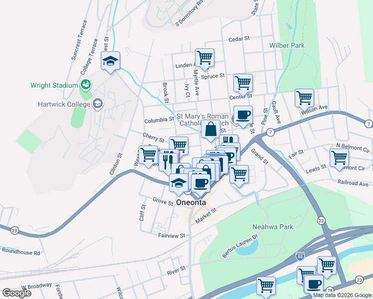 map of restaurants, bars, coffee shops, grocery stores, and more near 10 Reynolds Avenue in Oneonta