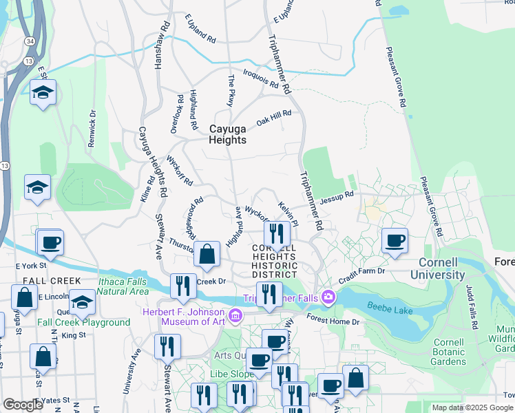 map of restaurants, bars, coffee shops, grocery stores, and more near 425 Wyckoff Ave in Ithaca