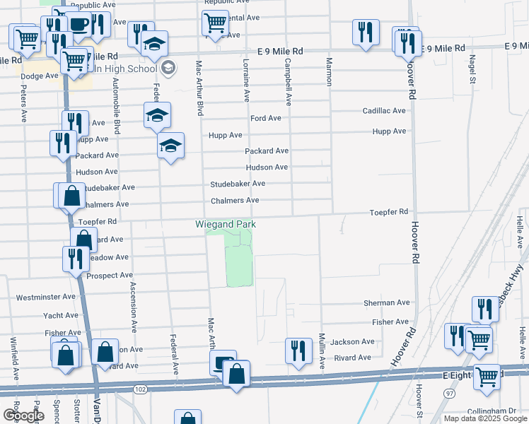 map of restaurants, bars, coffee shops, grocery stores, and more near 11031 Toepfer Road in Warren
