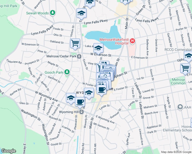 map of restaurants, bars, coffee shops, grocery stores, and more near 84 Myrtle Street in Melrose