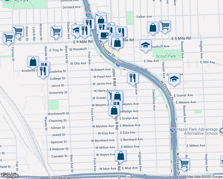 map of restaurants, bars, coffee shops, grocery stores, and more near 41 West Harry Avenue in Hazel Park
