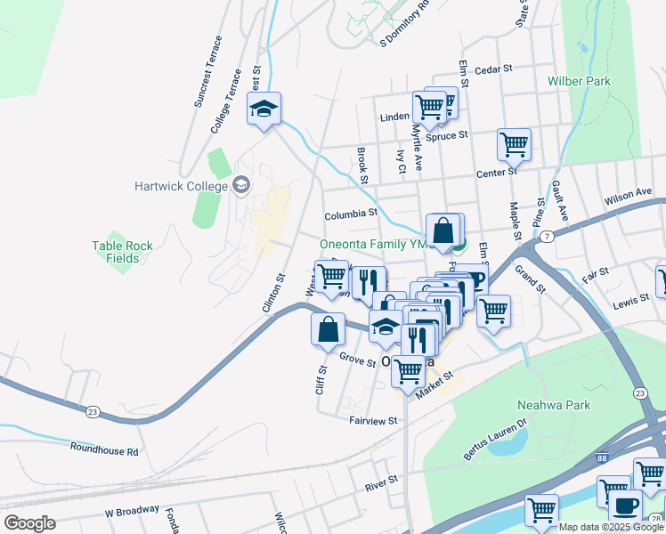 map of restaurants, bars, coffee shops, grocery stores, and more near 23 Franklin Street in Oneonta