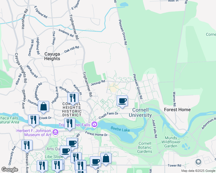 map of restaurants, bars, coffee shops, grocery stores, and more near Robert Purcell Community Center Driveway in Ithaca