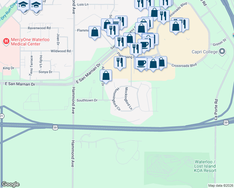 map of restaurants, bars, coffee shops, grocery stores, and more near 1319 Pintail Drive in Waterloo