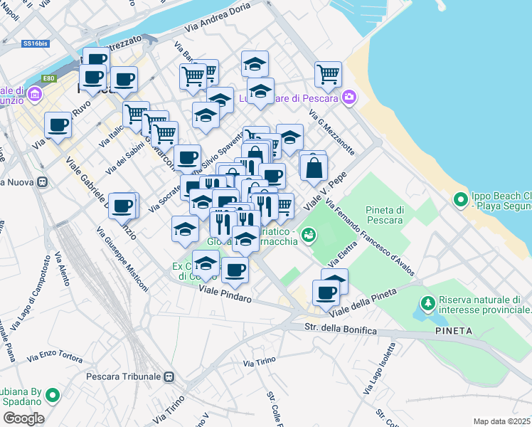 map of restaurants, bars, coffee shops, grocery stores, and more near 64 Via Alessandro Valignani in Pescara