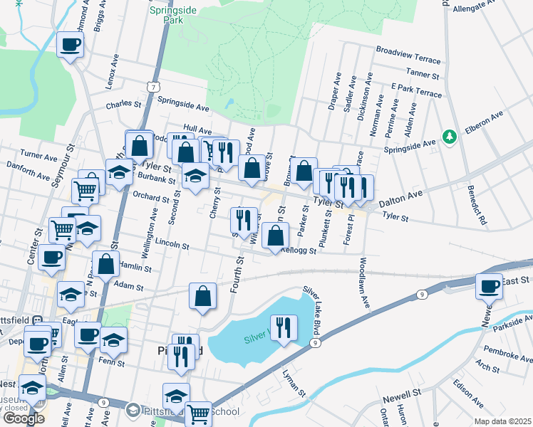 map of restaurants, bars, coffee shops, grocery stores, and more near 48 Winter Street in Pittsfield