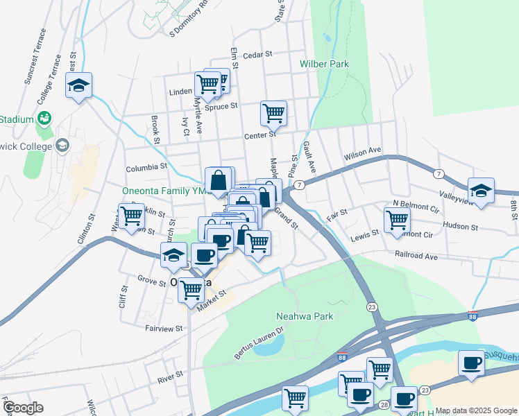 map of restaurants, bars, coffee shops, grocery stores, and more near 305 Main Street in Oneonta