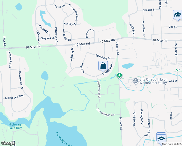 map of restaurants, bars, coffee shops, grocery stores, and more near 10281 Royce Drive in South Lyon