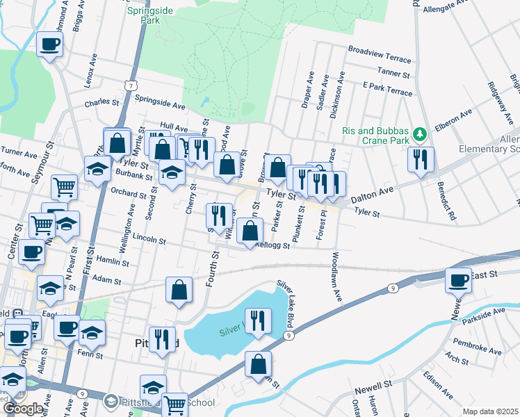 map of restaurants, bars, coffee shops, grocery stores, and more near 52 Brown Street in Pittsfield