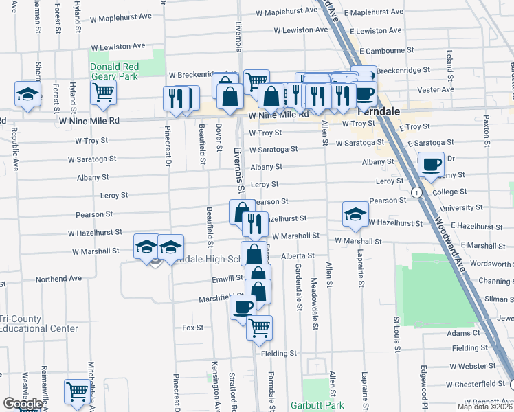 map of restaurants, bars, coffee shops, grocery stores, and more near 815 Pearson Street in Ferndale