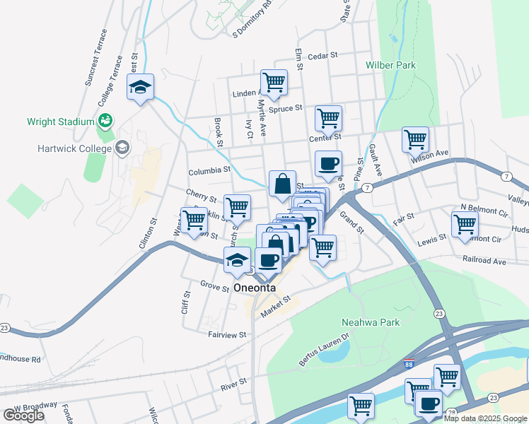 map of restaurants, bars, coffee shops, grocery stores, and more near 39 Dietz Street in Oneonta