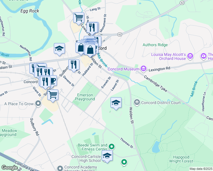 map of restaurants, bars, coffee shops, grocery stores, and more near 49 Everett Street in Concord