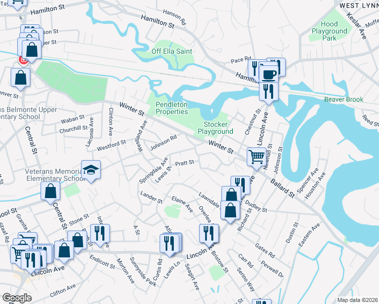 map of restaurants, bars, coffee shops, grocery stores, and more near 1 Springdale Terrace in Saugus