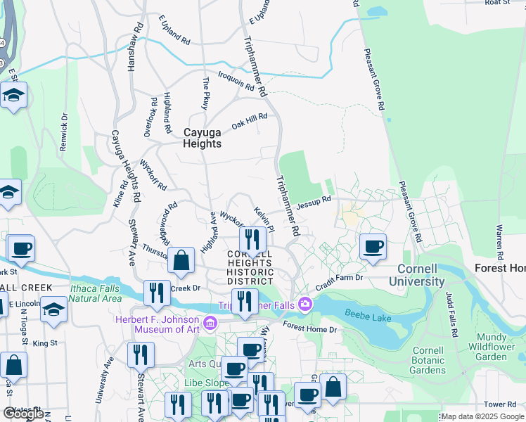 map of restaurants, bars, coffee shops, grocery stores, and more near 202 Dearborn Place in Ithaca