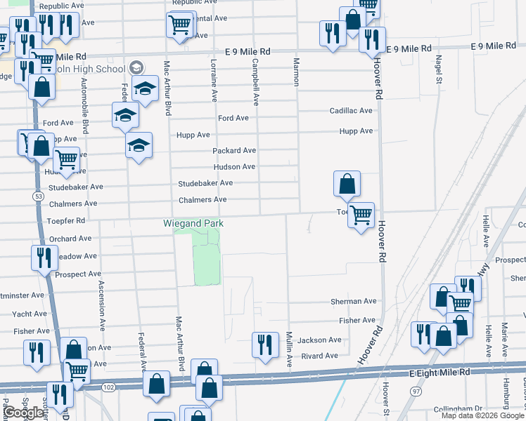 map of restaurants, bars, coffee shops, grocery stores, and more near 11115 Toepfer Road in Warren