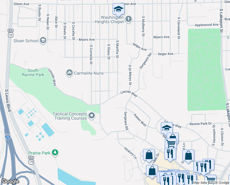 map of restaurants, bars, coffee shops, grocery stores, and more near 3501-3599 Lincoln Way in Sioux City