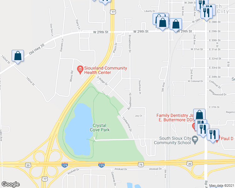 map of restaurants, bars, coffee shops, grocery stores, and more near 323 South Ridge Drive in South Sioux City