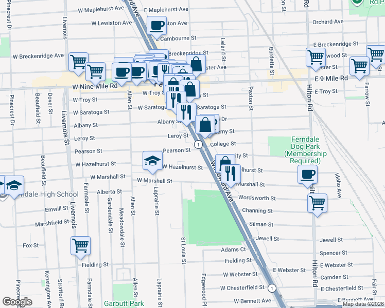 map of restaurants, bars, coffee shops, grocery stores, and more near 22111 Woodward Avenue in Ferndale